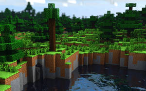 晴朗天空下，有樹木和水面的方塊狀Minecraft森林。