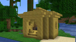 白天Minecraft森林河邊的方塊木屋。