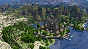 河岸上的Minecraft城堡，有綠色山丘和懸崖。