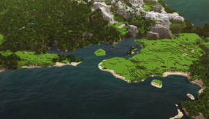從上方俯瞰Minecraft島嶼，有綠色山丘和藍色海洋