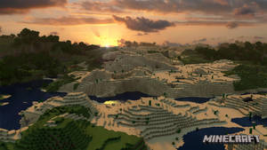 日落時分的方塊狀 Minecraft 地形，有山脈、河流和森林。