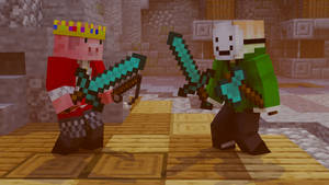 兩個Minecraft角色在石頭地牢中用鑽石劍戰鬥。 — 我的世界 壁紙