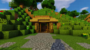 一座Minecraft木屋位於草坡上，有一條石徑通往它。