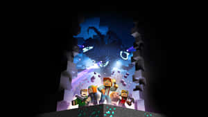 Minecraft玩家從洞穴望向發光的龍飛越山脈。 — 我的世界 壁紙