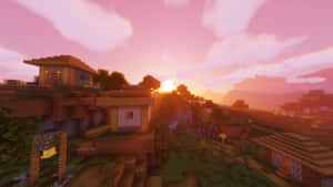日落時分的Minecraft村莊，階梯狀山丘上有方塊房屋。 — 我的世界 壁紙
