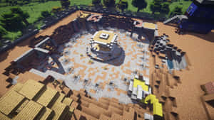 Minecraft村莊廣場，中央建築和周圍的木結構在明亮的日光下。 — 我的世界 壁紙