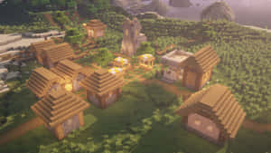 一個Minecraft村莊，有木屋和石塔，在日落時的草地上。