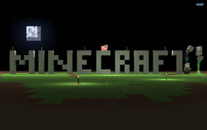 夜晚像素月亮下，用石磚製成的Minecraft標誌，帶有角色和火把。 — 我的世界 壁紙