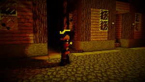 Minecraft角色在夜晚的木造村莊中手持火炬