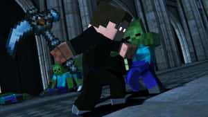 Minecraft玩家喺有棋盤地板嘅石造大教堂入面同喪屍戰鬥。 — 我的世界 壁紙