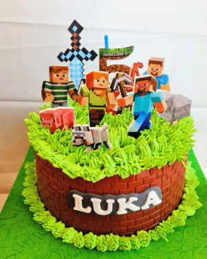 為Luka生日準備的Minecraft蛋糕，有角色劍和羊。 — 甜品 壁紙