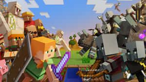 Minecraft玩家和生物在像素化戰鬥場景中，手持劍和盾牌。