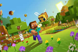 Minecraft 角色喺開滿花朵嘅像素化田野中揸住一朵雛菊，周圍有蜜蜂飛舞。
