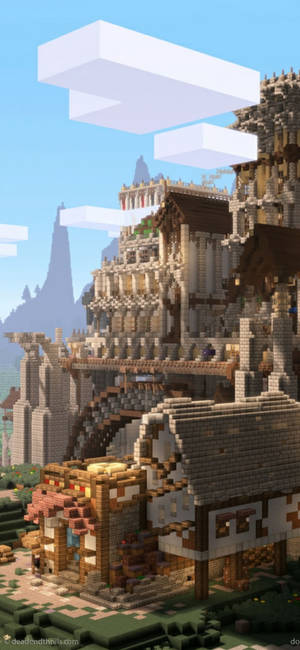 一座Minecraft城堡，擁有木屋頂和石牆，背景是藍天和方塊狀的雲朵。