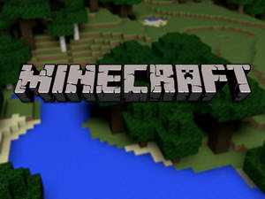 Minecraft 標誌在像素化的森林和水景之上。
