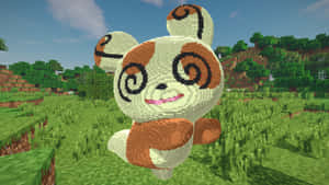 一個像素化嘅熊貓樣生物喺一個草地 Minecraft 風格嘅景觀入面。
