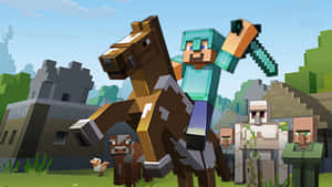 騎馬的 Minecraft 玩家手持劍，附近有殭屍和村民。