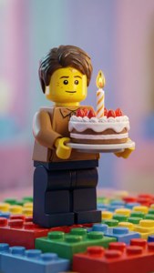 LEGO人偶在彩色磚塊上手持生日蛋糕，蛋糕上有一根蠟燭