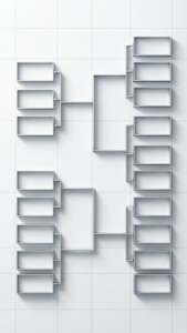 白色牆壁，浮動矩形層架以錦標賽支架佈局排列，投射出柔和陰影。