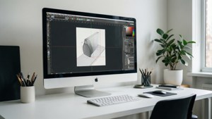 一張現代白色書桌，配有顯示 3D 設計軟件的 iMac 和窗邊的盆栽植物。