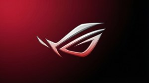 時尚的 ROG 標誌，帶有銀色和紅色點綴，位於紅色到黑色的漸變背景上