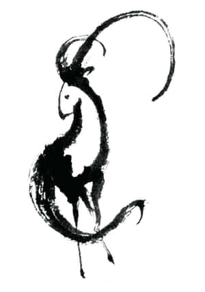 帶有彎曲角和尾巴的山羊抽象黑色墨水畫。