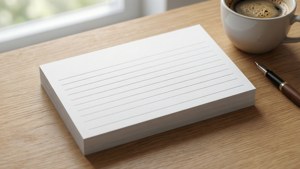 木桌上橫線紙、咖啡杯和鋼筆靠近窗戶