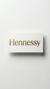 白色卡片，帶有金色Hennessy標誌，安裝在紋理白色牆上