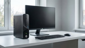 靠近窗戶的白色桌子上的HP桌上電腦設置