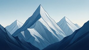 風格化的藍色山脈，帶有雪峰和線條陰影，在漸變天空下