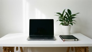 一部筆記型電腦、筆記本和盆栽植物放在白色桌子上，桌子有木腿，陽光照射進來