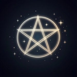 一個發光的五角星在圓圈內，被星星包圍在黑暗背景上