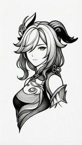 黑白線條藝術風格的動漫女孩，擁有飄逸頭髮和華麗服飾