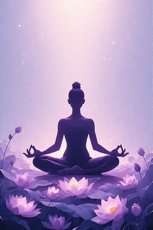 在柔和天空下，被發光紫色蓮花包圍的蓮花坐姿冥想者