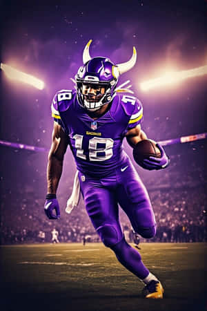 身穿紫色維京人球衣的美式足球員在球場燈光下帶球奔跑