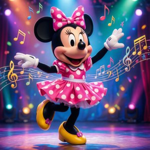 米妮老鼠喺色彩繽紛嘅舞台上隨音符跳舞。