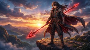 戰士手持發光紅色長矛站在懸崖邊緣，日落時分，山脈之上