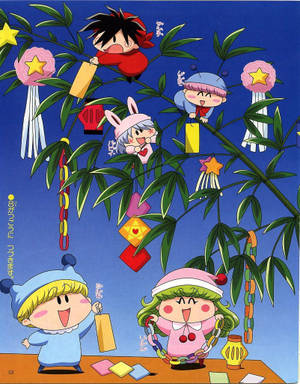 動畫小孩用紙燈籠和鏈條裝飾竹樹以慶祝節日。