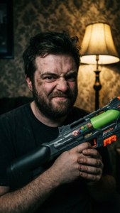 留鬍子的男人在昏暗的房間裡拿著瑪利歐水槍，旁邊有燈。