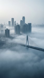 一座橋橫跨霧氣籠罩的水面，背後摩天大樓從霧中升起。