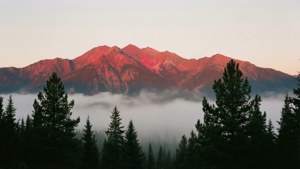 深紅色的山脈在霧氣中升起，前景有深色常綠樹