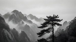 一棵孤獨的松樹在黑白背景下映襯著霧氣繚繞的山巒。