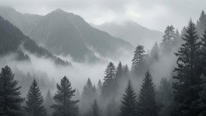深色松樹矗立在霧氣瀰漫的山谷中，背景是霧氣籠罩的山巒。
