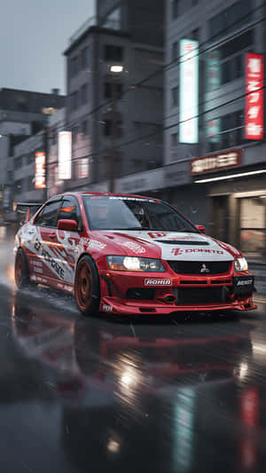 夜晚霓虹燈下，紅白色三菱Lancer Evolution在濕滑的城市街道上飄移。