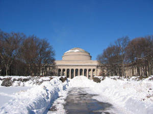 積雪的小路通向一座宏偉的圓頂大學建築，背景是清澈的藍天。