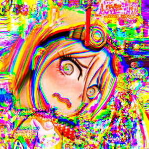 故障藝術中的動漫女孩，帶有彩虹扭曲和漂浮文字。
