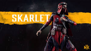 來自真人快打的Skarlet身穿紅黑盔甲站在雨中。