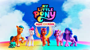 My Little Pony 角色在彩虹上，以藍天為背景。