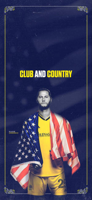 身穿黃色球衣、披著美國國旗的足球運動員，附有「Club and Country」文字。 — 足球 壁紙
