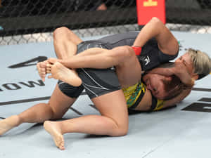 兩名女子MMA拳手在八角籠墊上陷入纏鬥。 — 運動 壁紙
